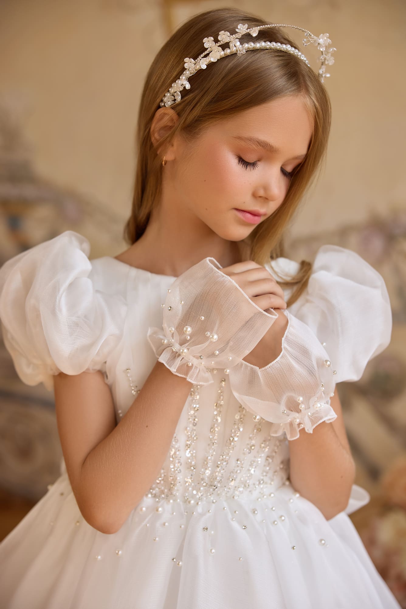 Ivory princess communion gown with puff sleeves and full tulle skirt - Mia Bambina Boutique