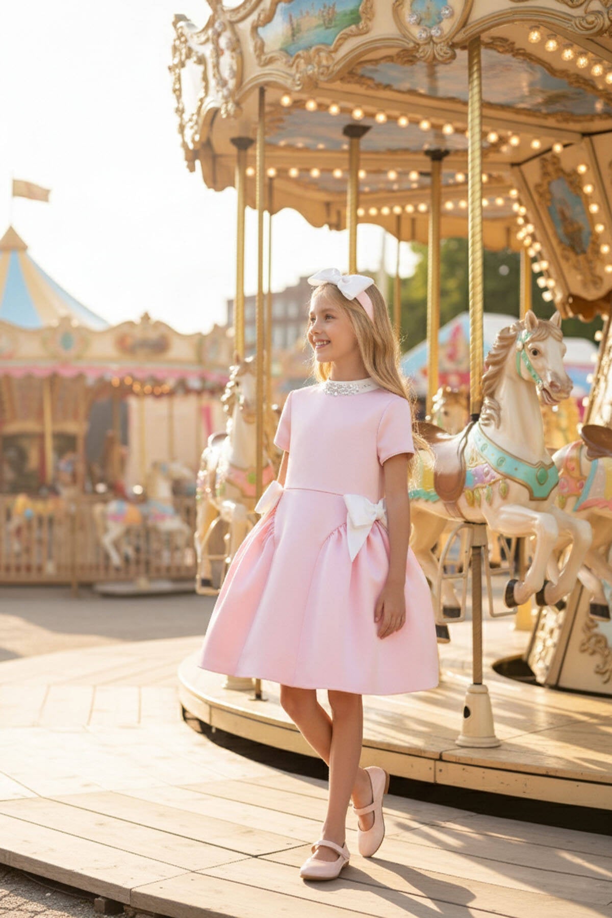 Elegant girls special occasion dress photographed beside a carousel in soft pink satin