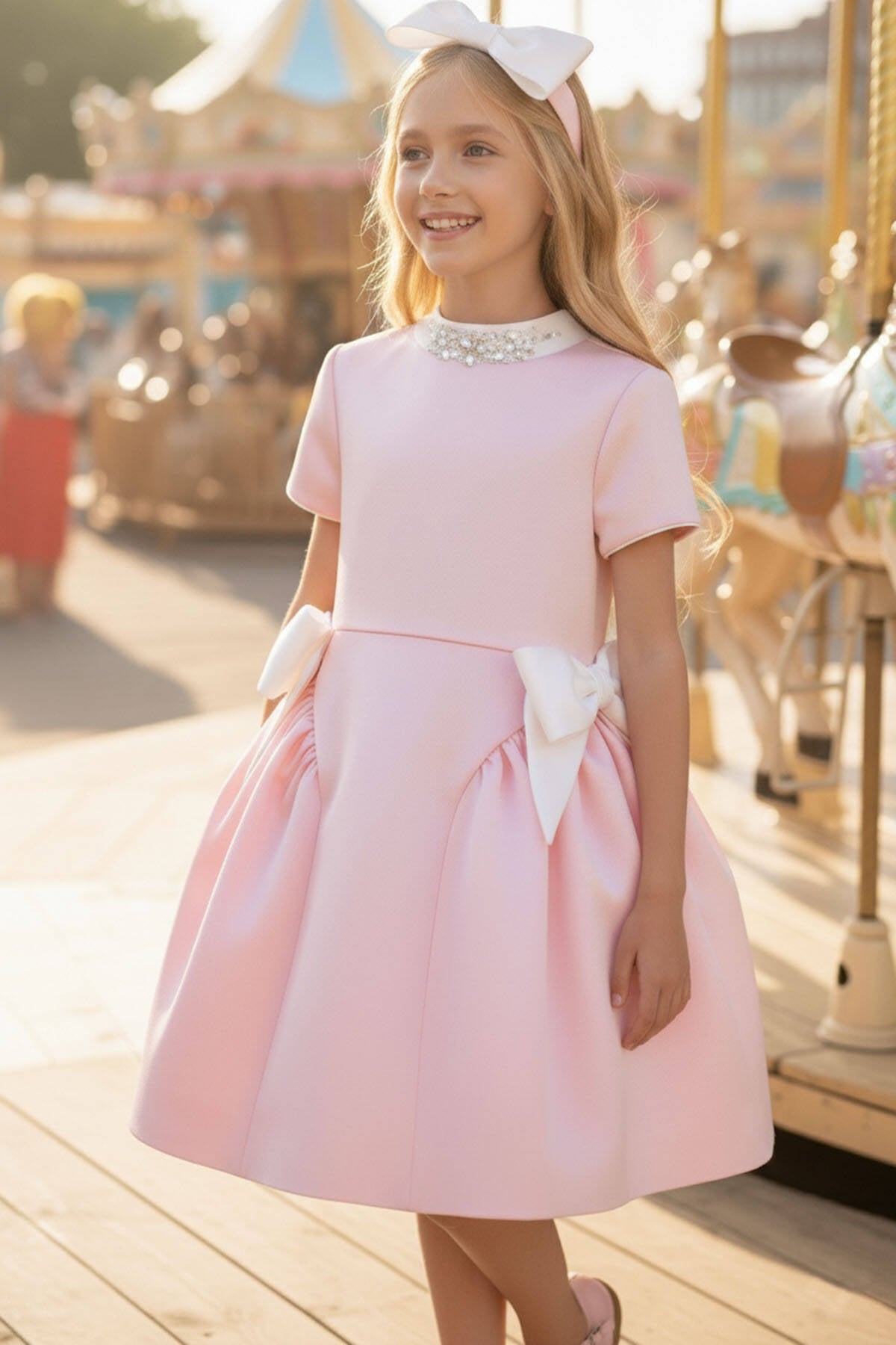 Girl wearing powder pink satin party dress with crystal embellished collar and oversized bows
