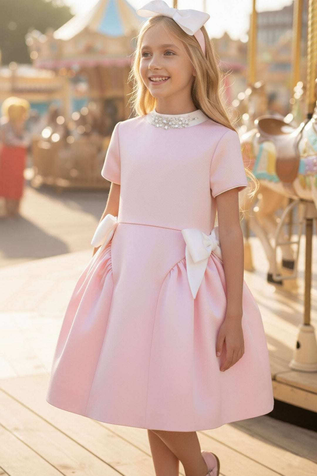 Girls Pink Party Dress with Crystal Collar & Satin Bows