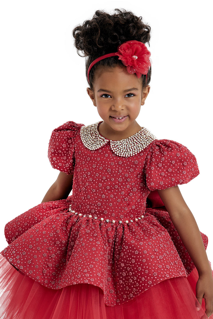 Red Princess Dress with Pearl-Embellished Colar