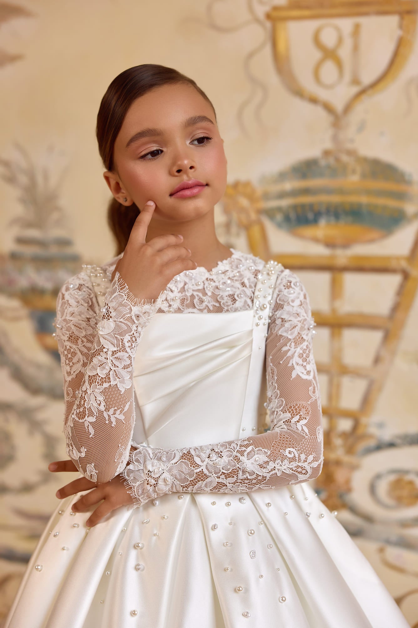 Ivory communion dress with floral lace sleeves - Mia Bambina Boutique
