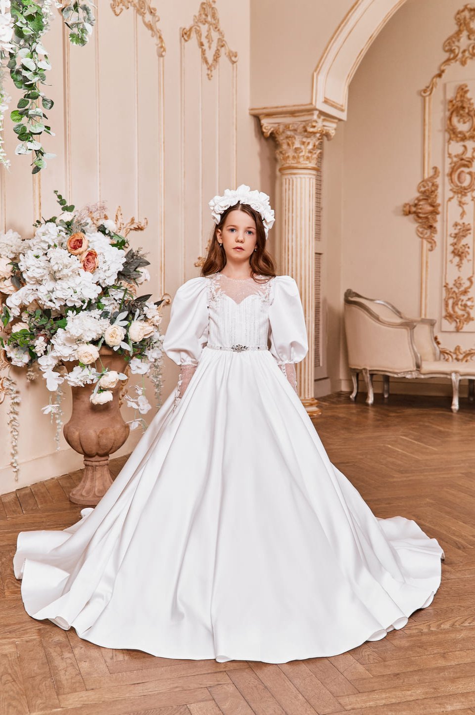 Satin Communion Dress with Bishop Sleeves by Mia Bambina Boutique Canada