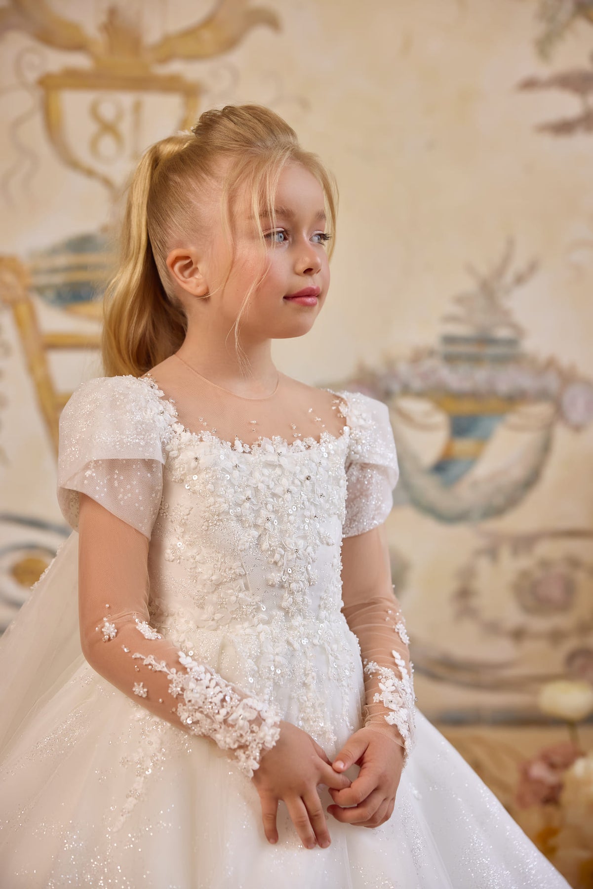Luxury Communion Dress with Detachable Cape | Princess First Communion Gown Preorder 9-10 / White