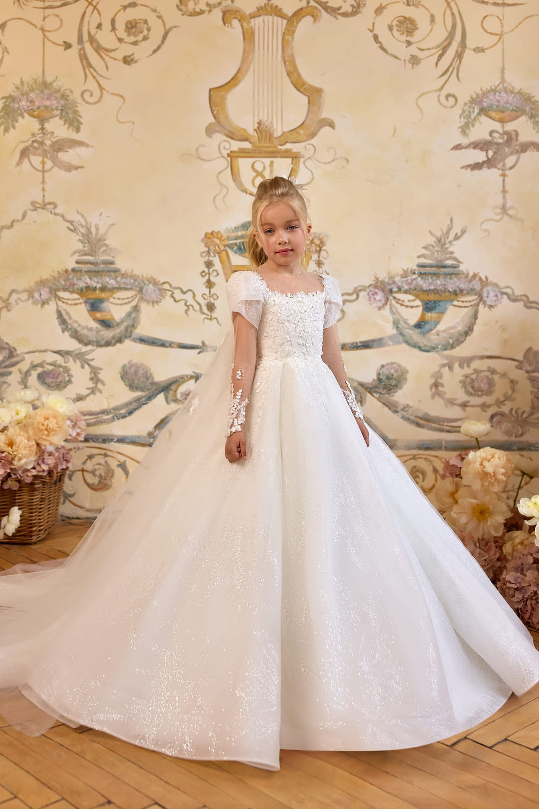 Luxury Communion Dress with Detachable Cape | Princess First Communion Gown Preorder 9-10 / White