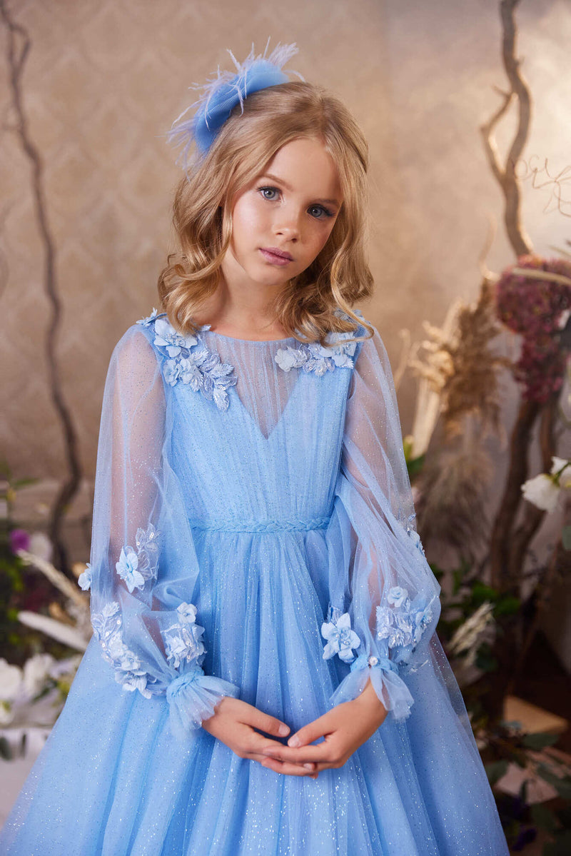 Sparkly Blue Pageant Dress with Long Sleeves by Mia Bambina Boutique