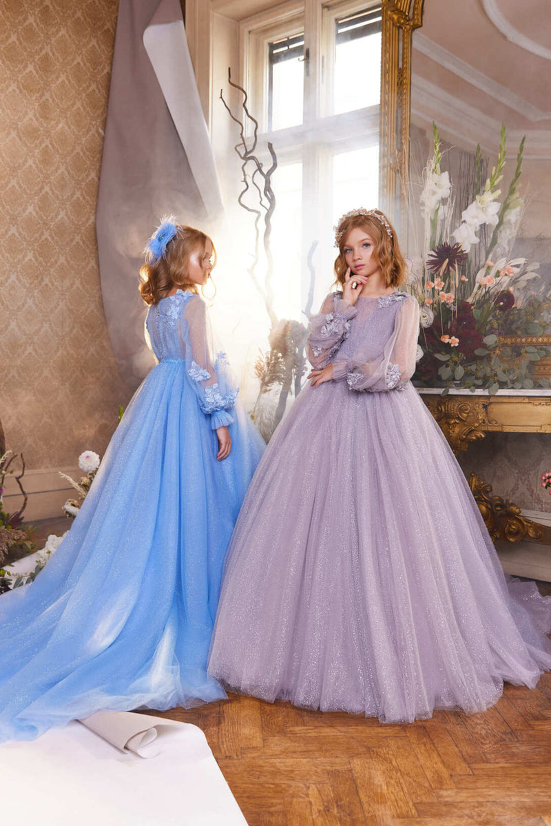 Sparkly Blue Pageant Dress with Long Sleeves by Mia Bambina Boutique