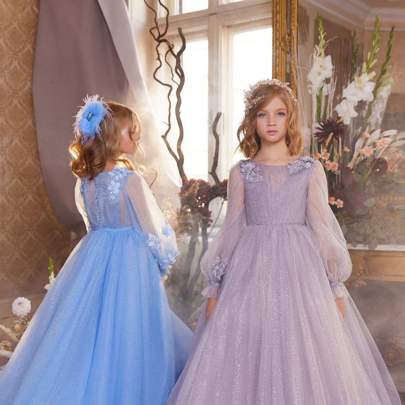 Sparkly Blue Pageant Dress with Long Sleeves by Mia Bambina Boutique