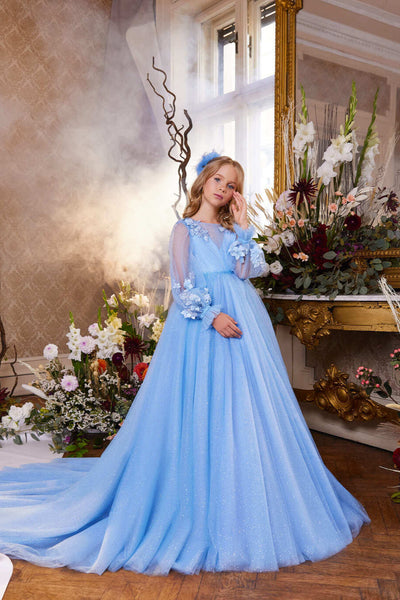 Sparkly Blue Pageant Dress with Long Sleeves by Mia Bambina Boutique