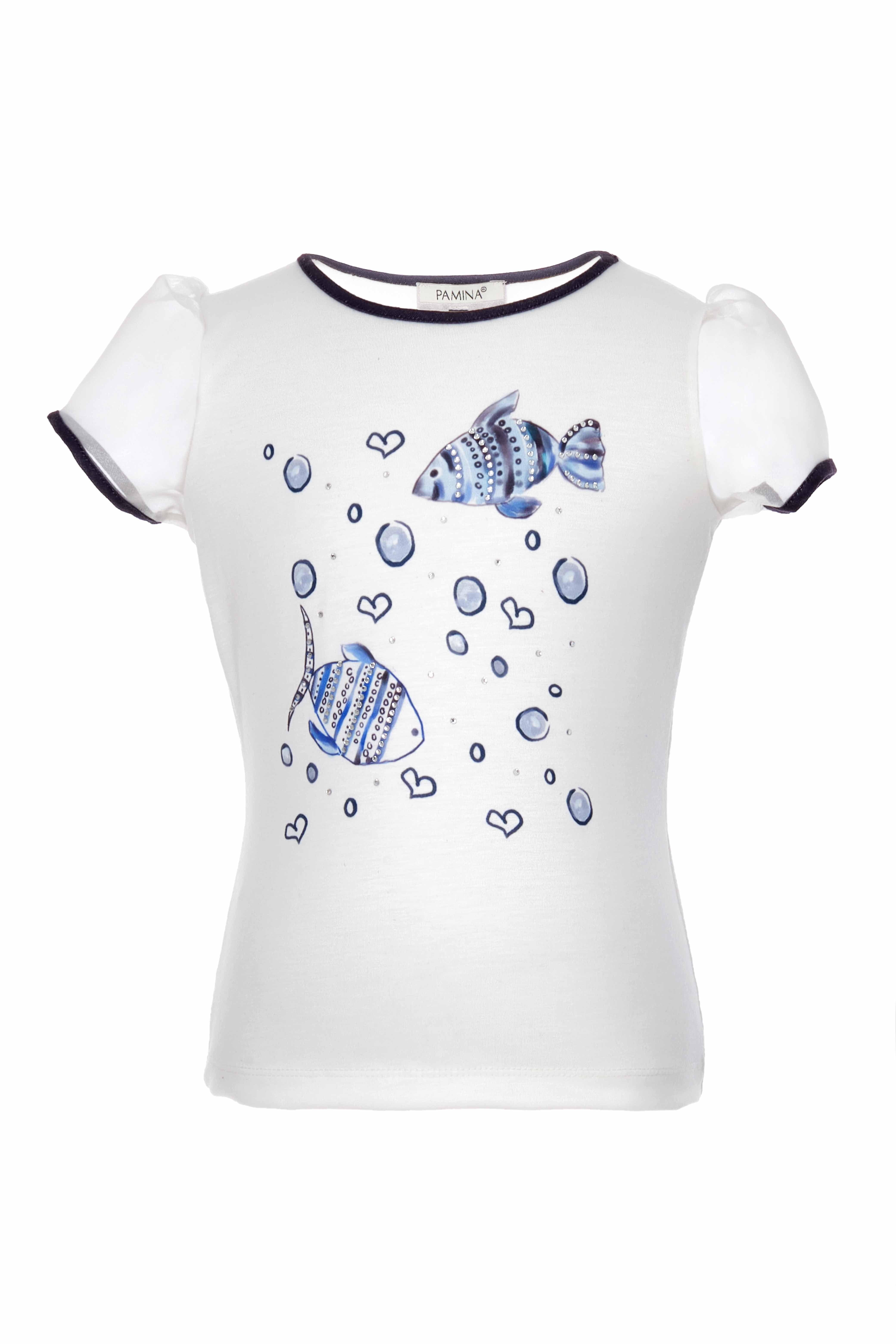 White t-shirt with blue fish and bubble design on a white background