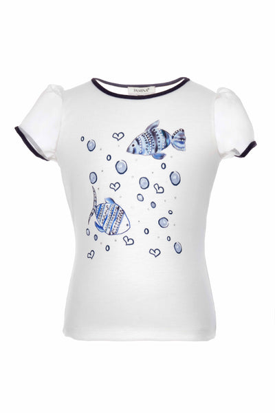 White t-shirt with blue fish and bubble design on a white background
