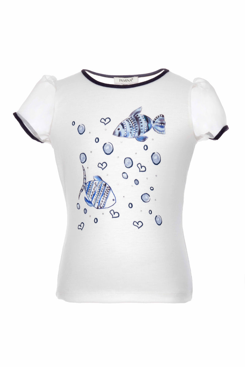 White t-shirt with blue fish and bubble design on a white background