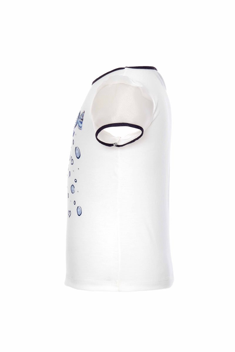 White face shield with blue designs on a white background
