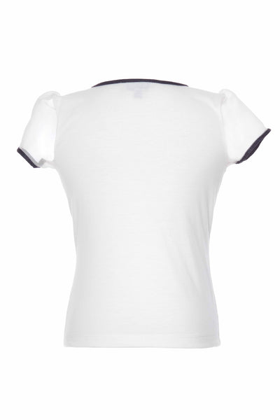 White t-shirt with black trim on a white background