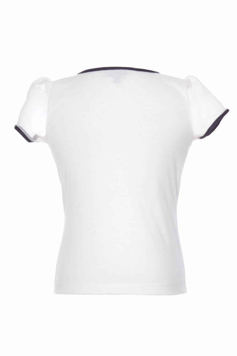 White t-shirt with black trim on a white background