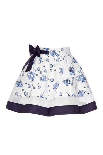 Skirt with blue fish pattern and black ribbon on a white background