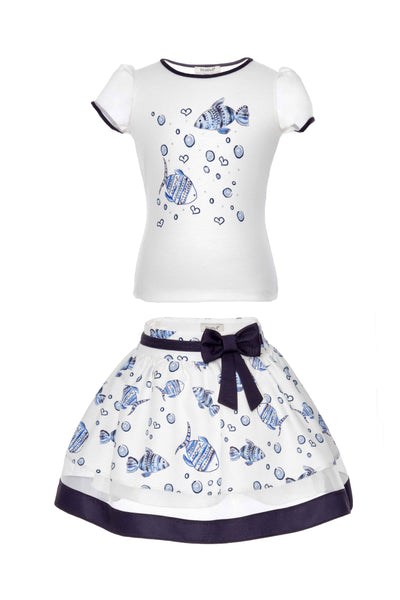White outfit with blue fish pattern on a white background
