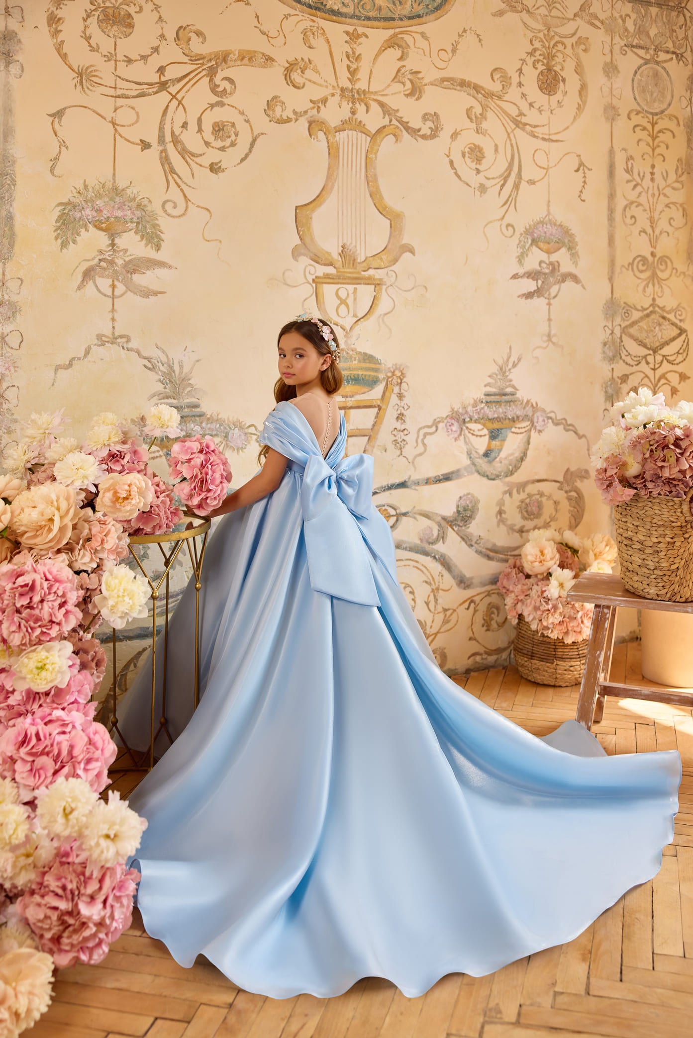 Elegant Wedding Flower Girl Dress with Cathedral-Inspired Satin Train - Mia Bambina Boutique