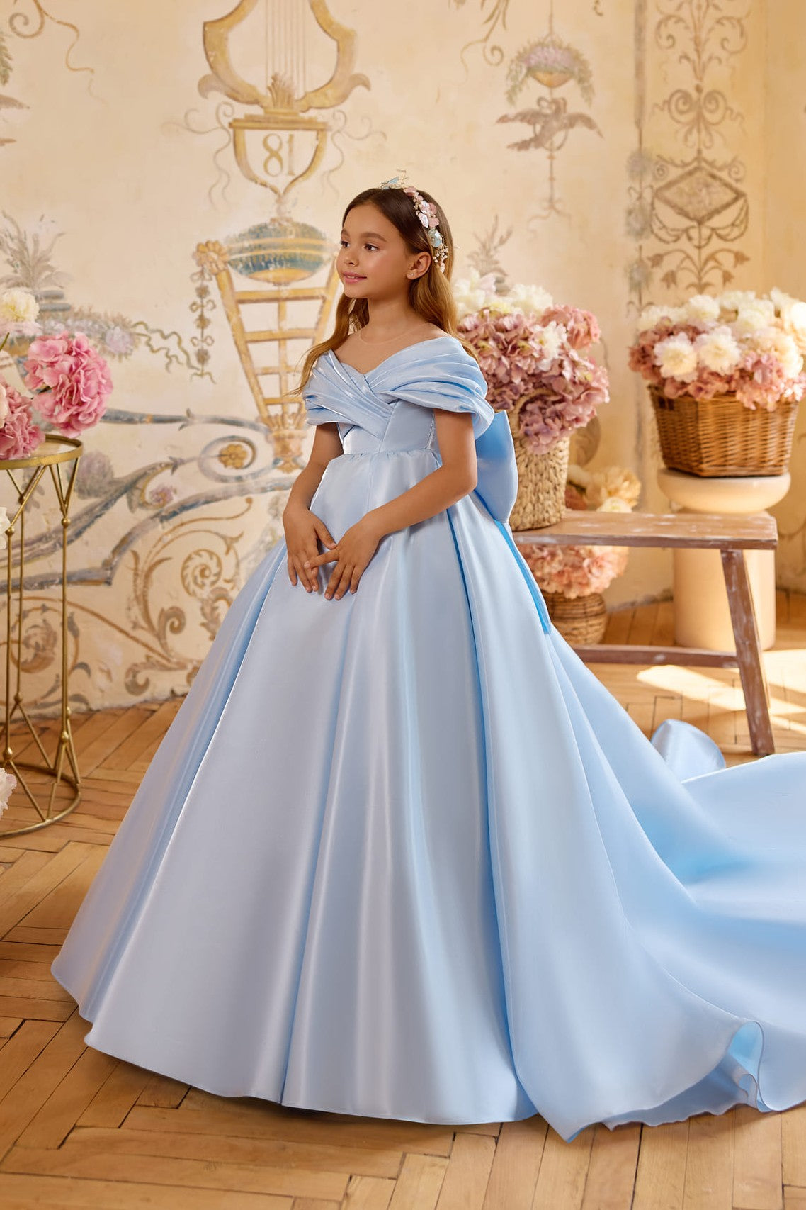 Designer Flower Girl Dress with Full Satin Skirt and Formal Train - Mia Bambina Boutique