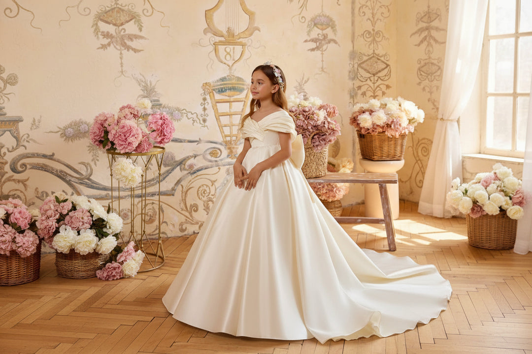 ivory satin flower girl dress Valencia Salable
