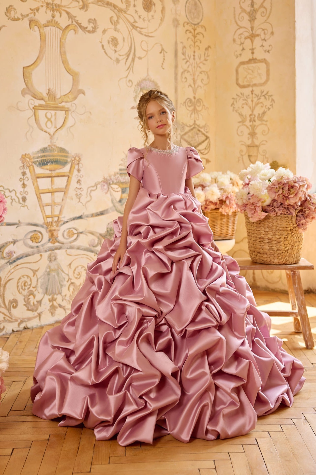 Valentina Royale flower girl dress in blush pink satin with dramatic couture ruffle skirt - Mia Bambina Boutique