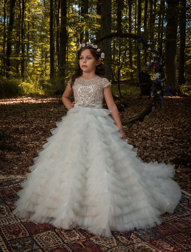 Veracruz Gold Lace Flower Girl Gown by Mia Bambina Boutique