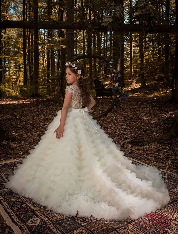 Flower Girl Dresses: Veracruz Gold Lace Flower Girl Gown - Mia Bambina Boutique
