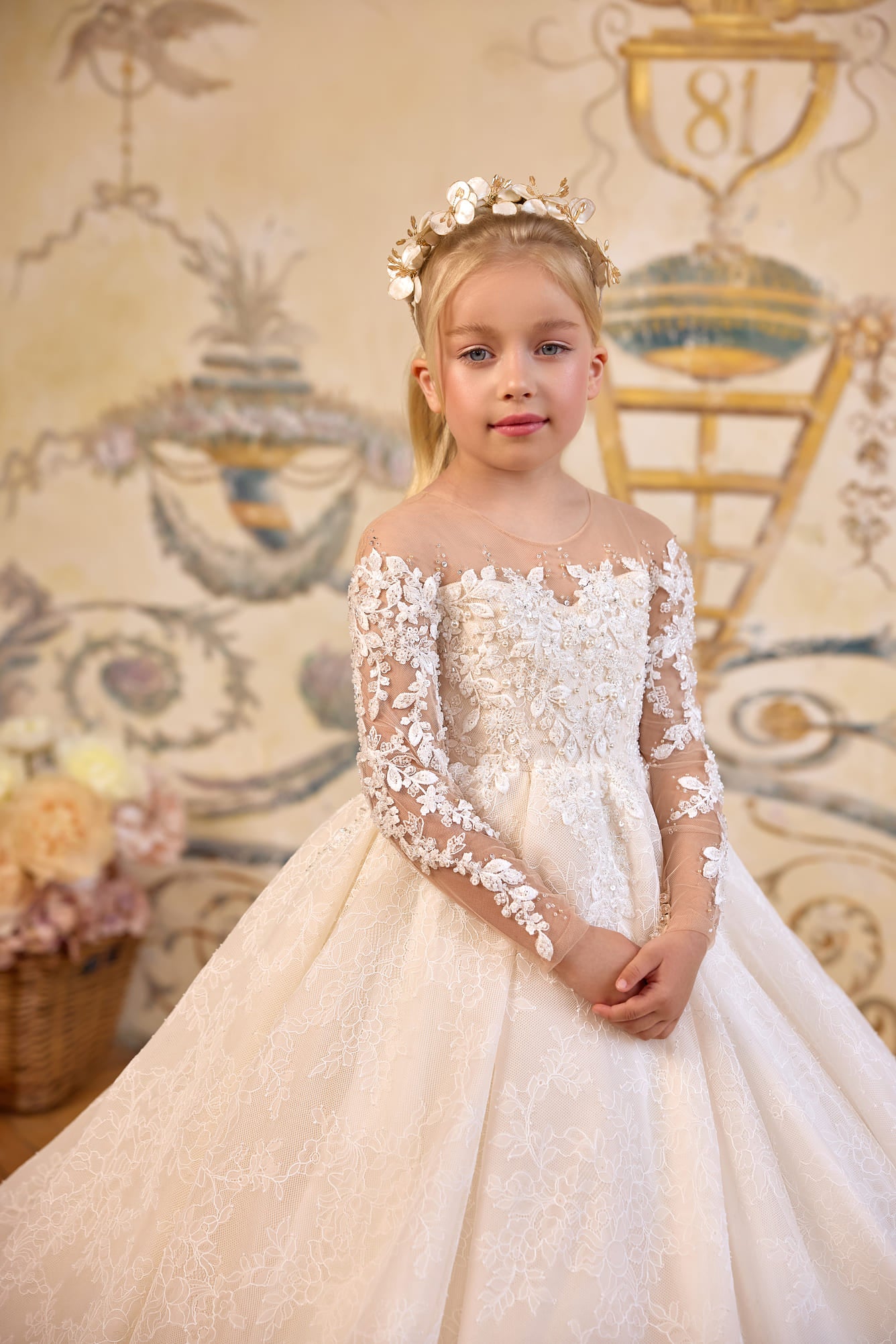 Designer First Communion dress with lace sleeves and sweeping cathedral-style train - Mia Bambina Boutique