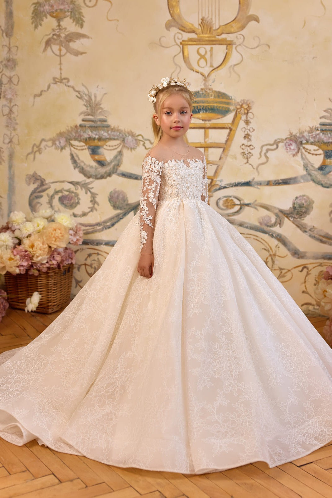 Elegant girls Communion dress with floral lace overlay and princess silhouette - Mia Bambina Boutique