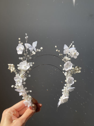 White floral and butterfly embellished headband for girls with pearls and crystals