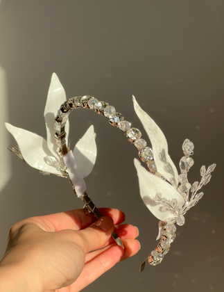 Handmade white leaf and crystal headband for girls – perfect bridal and communion hair accessory