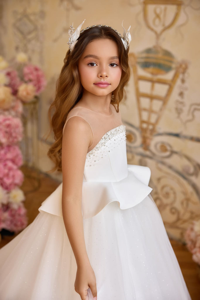 Handmade white leaf and crystal headband for girls – perfect bridal and communion hair accessory