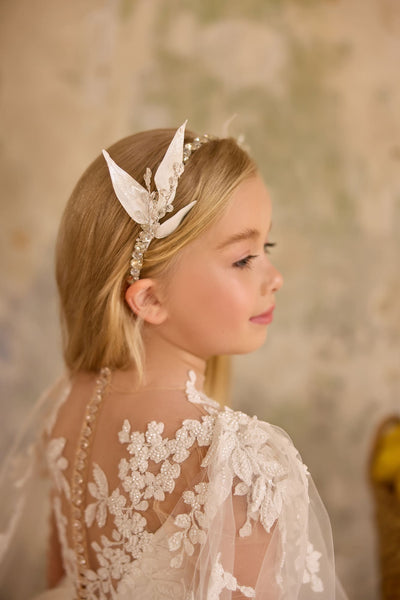 Handmade white leaf and crystal headband for girls – perfect bridal and communion hair accessory