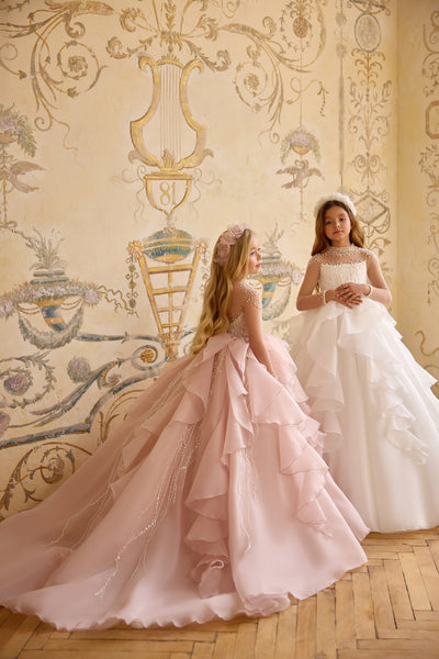 Blush pink cascading ruffle gown for flower girl or pageant