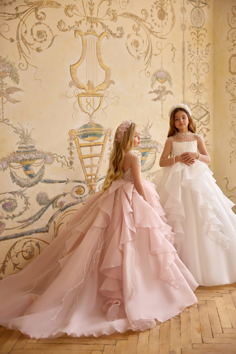 Blush pink cascading ruffle gown for flower girl or pageant