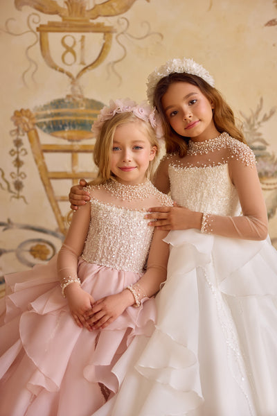 Couture girls’ dress with pearls and ruffles, Mia Bambina Boutique