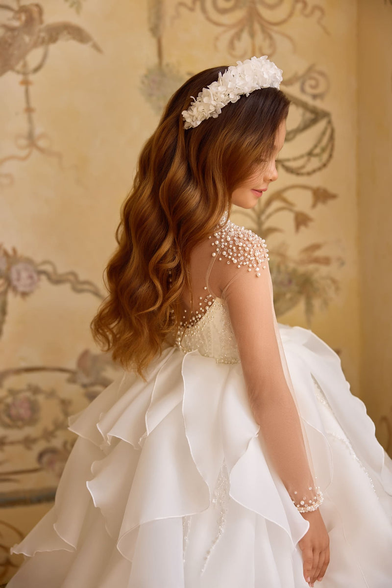 Couture girls’ dress with pearls and ruffles, Mia Bambina Boutique