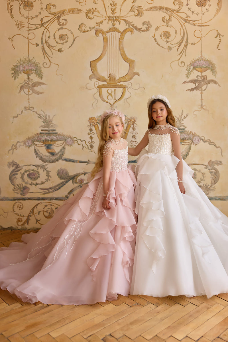 Couture girls’ dress with pearls and ruffles, Mia Bambina Boutique