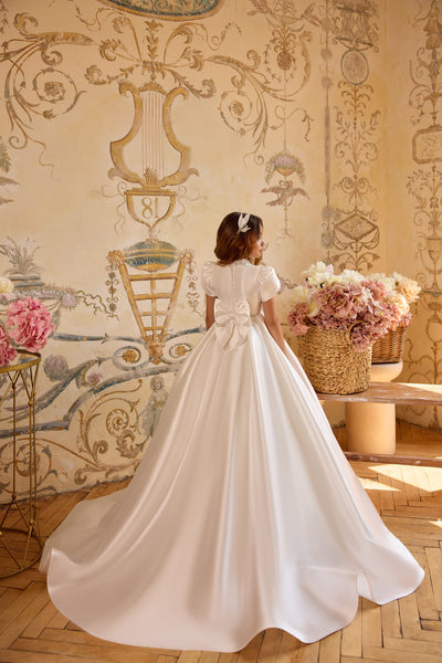 Elegant puff sleeve gown for girls with bow back