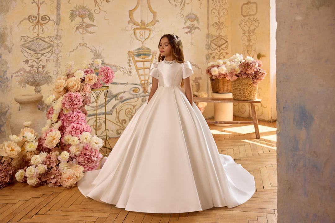 satin a line communion dress Criss Cross Beaded A-Line Communion Satin Dress
