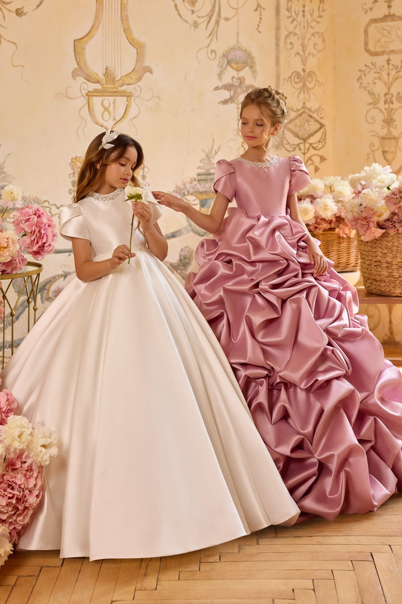 Flower girl satin gown with train and pearl details