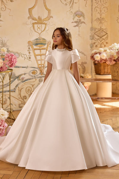 Off-white Mikado satin First Communion dress with pearl neckline