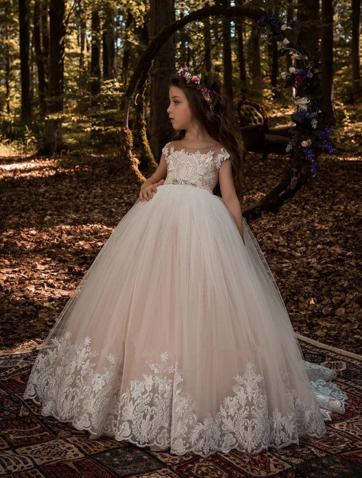 Modesto Tulle Flower Girl Dress with Lace Embroidery by Mia Bambina Boutique