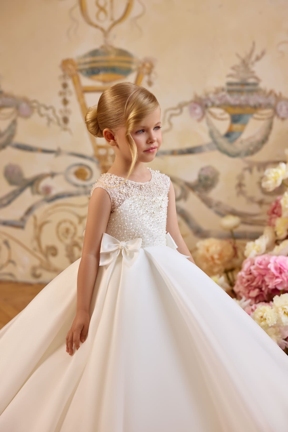 White Communion gown for girls with pearl bodice and bow accent