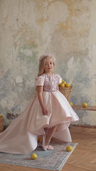 Girls Couture Party Dress – Red or Blush Pink, Long & High-Low