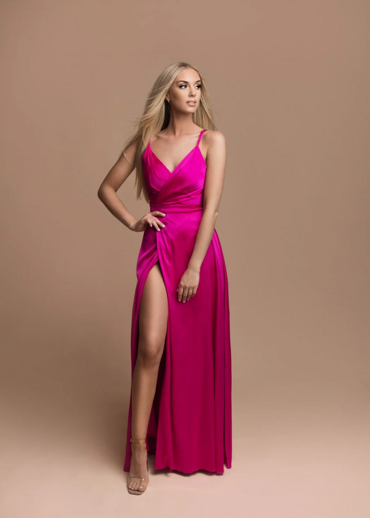 Formal Fuchsia Satin Dress featuring a high slit Mia Bambina Boutique