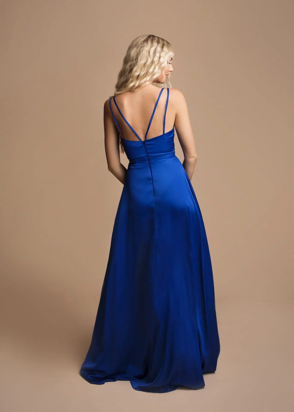 stunning Formal Royal Blue Satin Dress featuring a high slit Mia Bambina Boutique