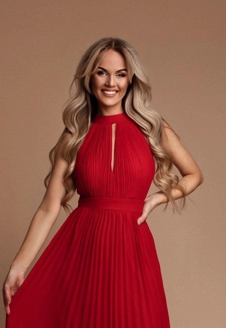 Red Pleated Dress with Halter Neck Mia Bambina Boutique