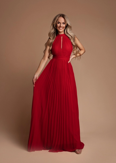Red Pleated Dress with Halter Neck Mia Bambina Boutique