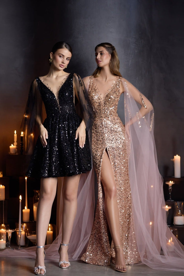 Sequin Cape Sleeve Prom Dress Mini & Long Gown | Black & Rose Gold Sequin Cape Sleeve Prom Dress Mini & Long Gown | Black & Rose Gold